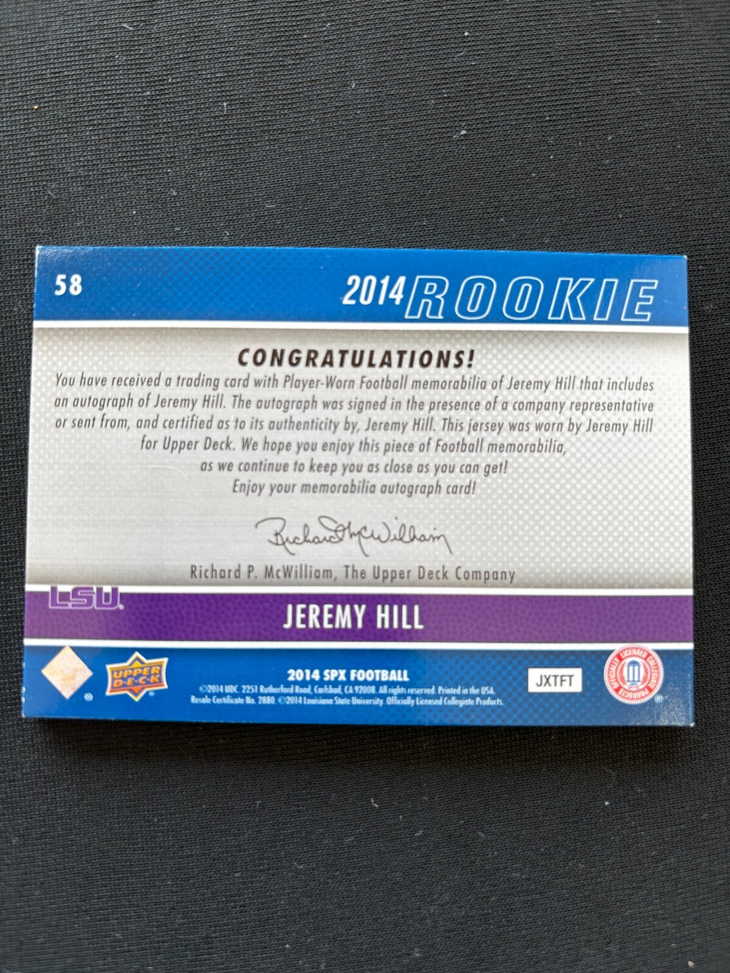 Jeremy Hill 2014 SPx Inscription Auto Autograph SSP Jersey Patch LSU Tigers /50