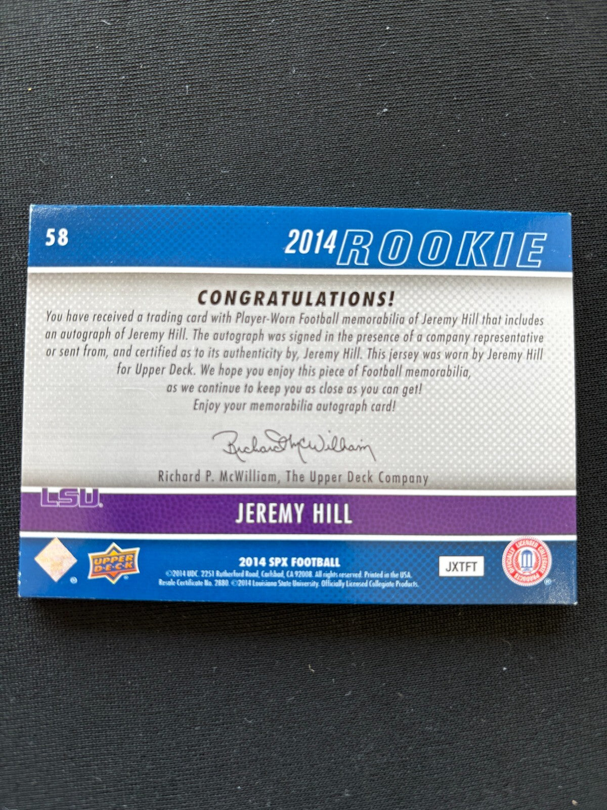 Jeremy Hill 2014 SPx Inscription Auto Autograph SSP Jersey Patch LSU Tigers /50
