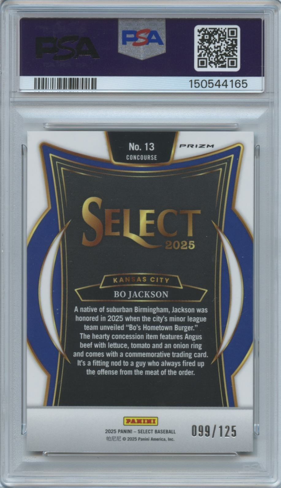 Bo Jackson 2025 Select Bronze Prizm Kansas City Royals 99/125 PSA 10