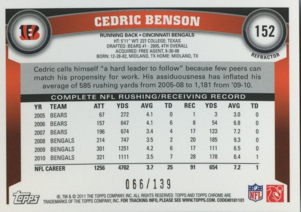 Cedric Benson 2011 Topps Chrome Crystal Atomic Refractor Bengals 66/139