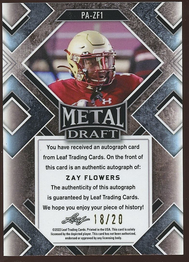 Zay Flowers 2022 Leaf Metal Auto Autograph Rookie RC Baltimore Ravens 18/20