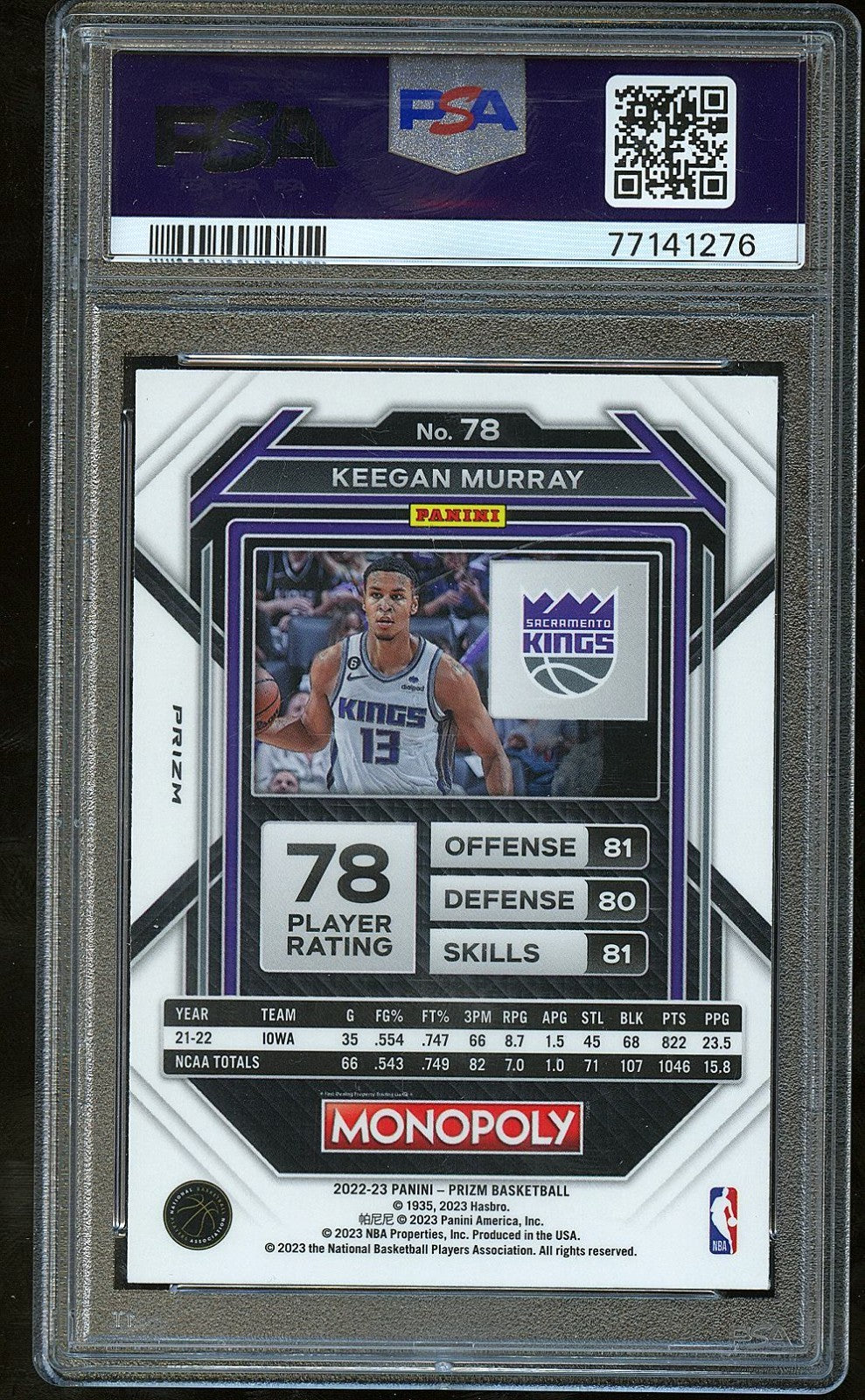 Keegan Murray 2022-23 Prizm Monopoly Go Space Rookie RC SSP Kings PSA 10