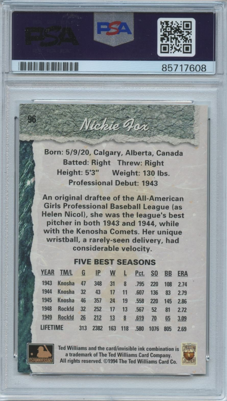 Nickie Fox 1994 Women of Baseball On Card Auto Autograph PSA DNA