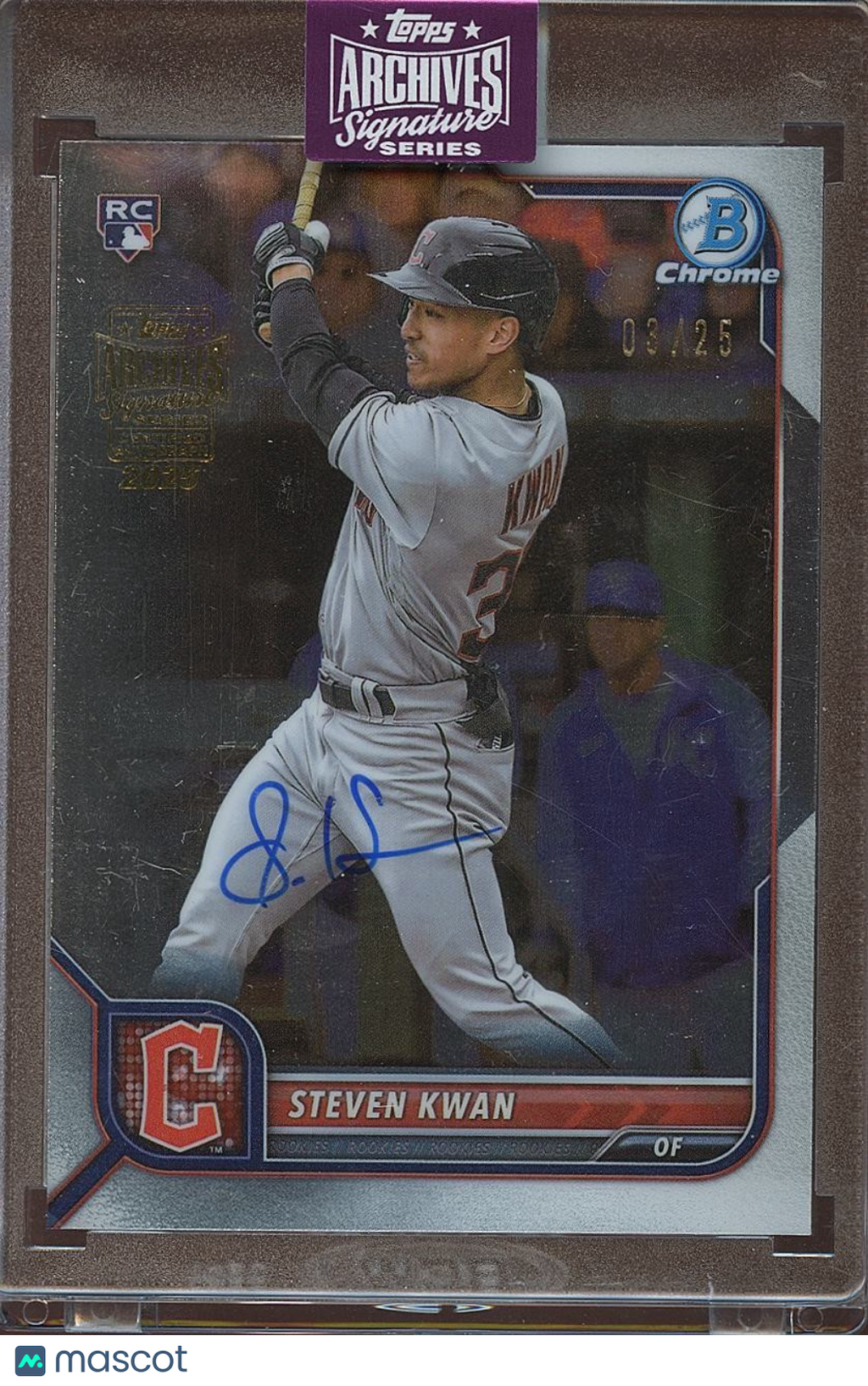 Steven Kwan 2025 Archives '22 Bowman Chrome Auto Autograph RC Guardians 3/25