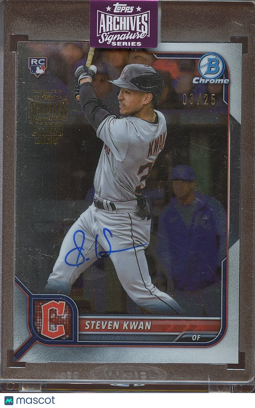 Steven Kwan 2025 Archives '22 Bowman Chrome Auto Autograph RC Guardians 3/25