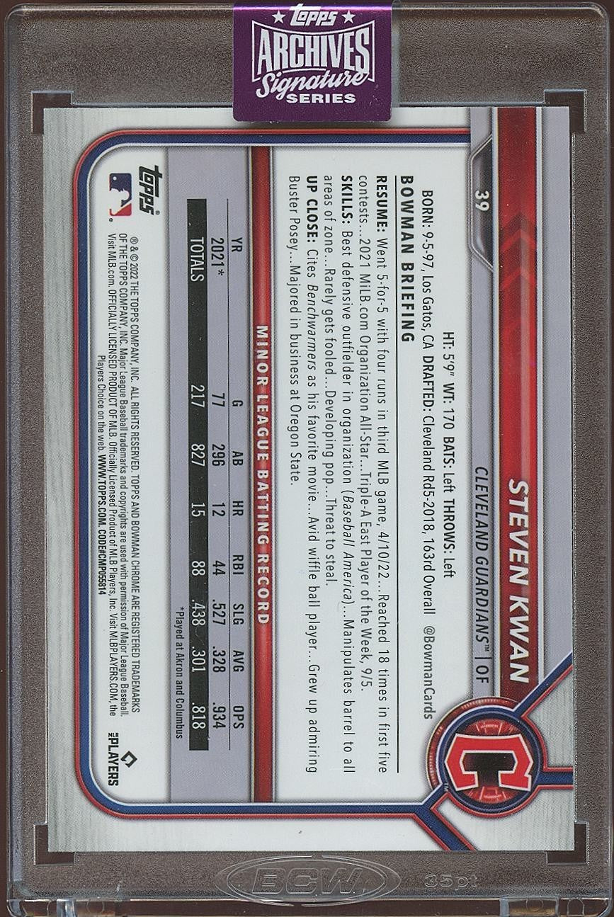 Steven Kwan 2025 Archives '22 Bowman Chrome Auto Autograph RC Guardians 3/25