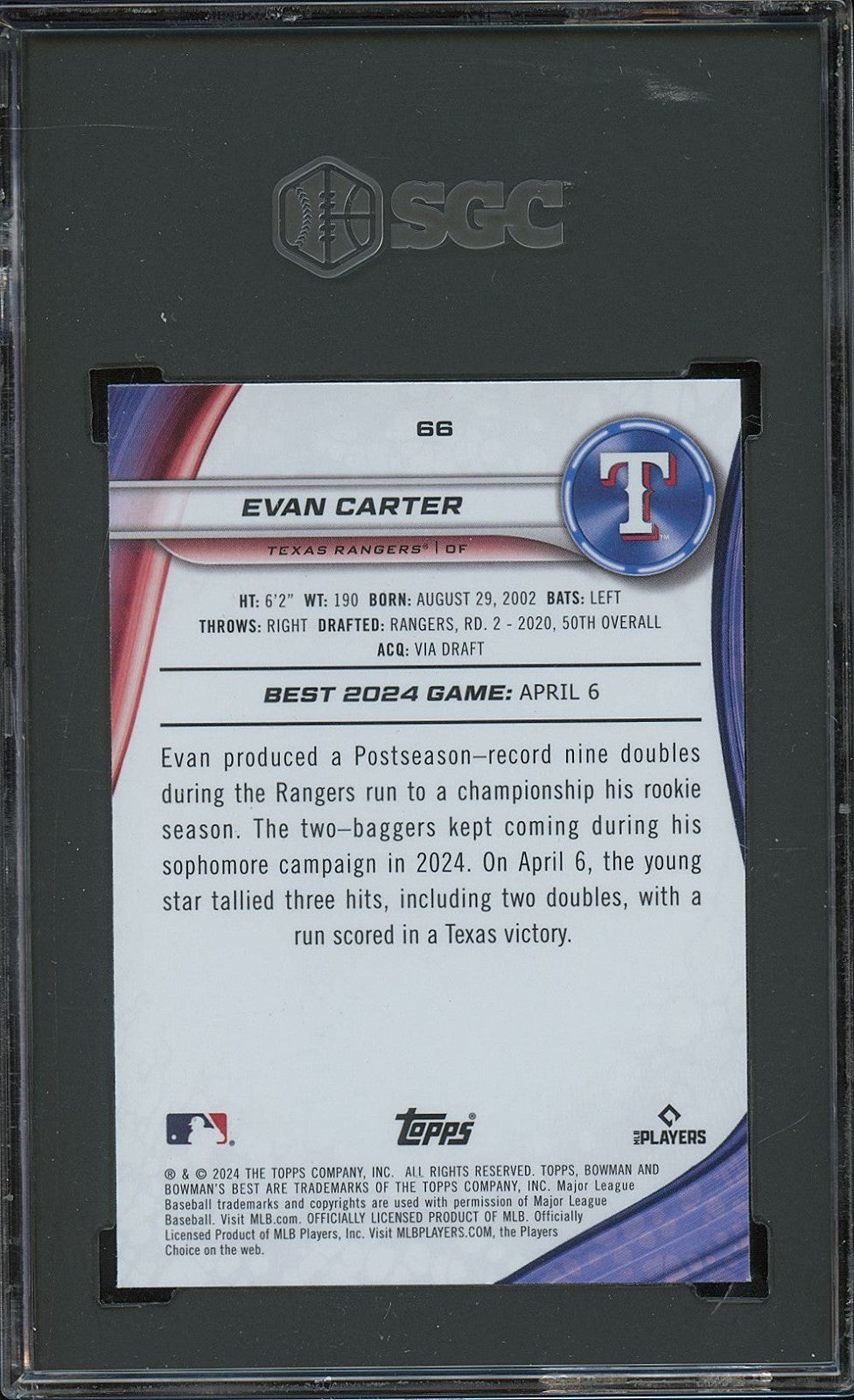 Evan Carter 2024 Bowman's Best GOLD Refractor RC Rookie Rangers 49/50 SGC 9.5