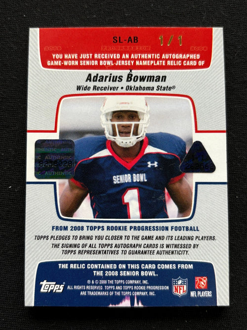 Adarius Bowman 2008 Topps Game Worn Senior Bowl Letter B Patch OSU Cowboys 1/1