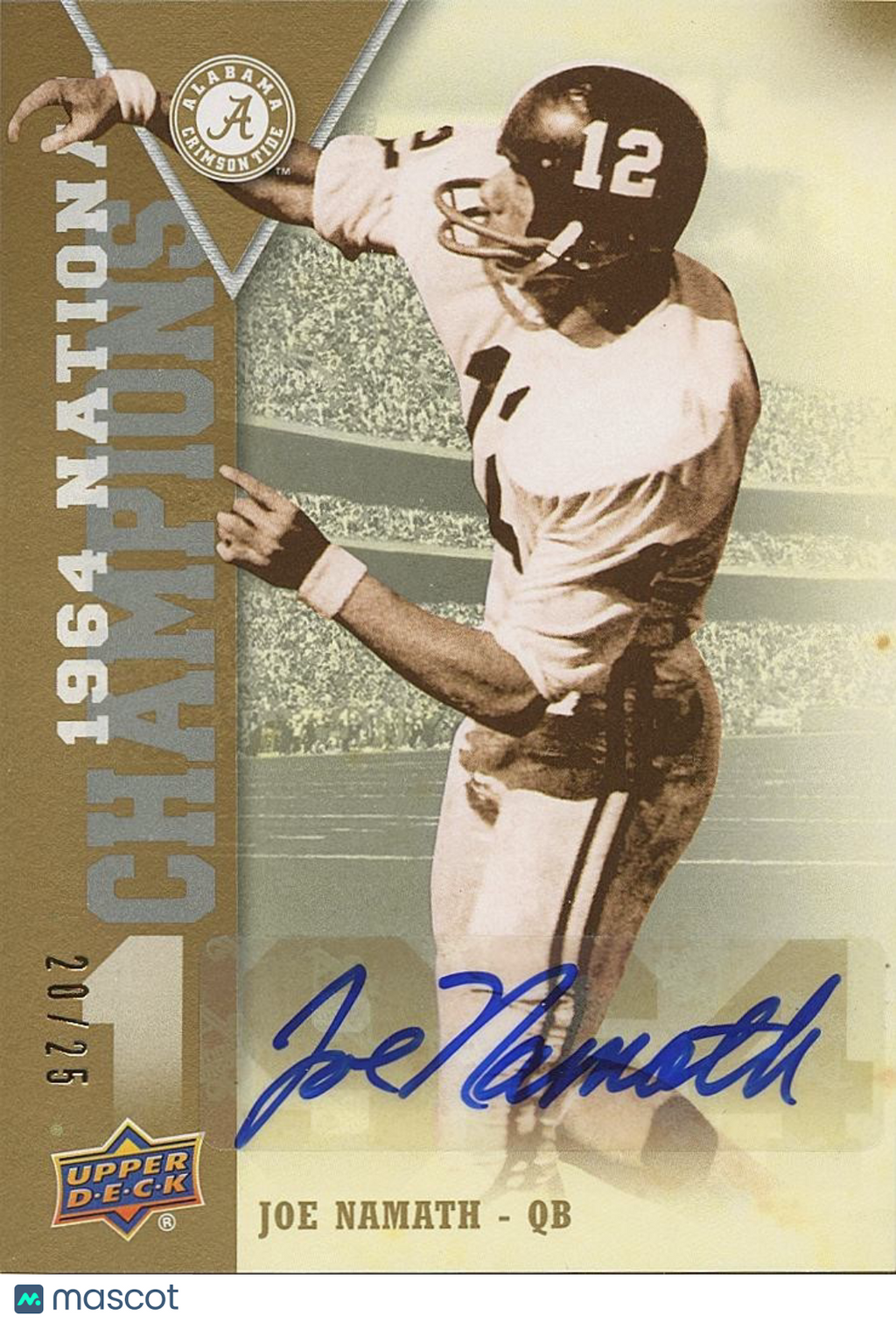 Joe Namath 2012 Upper Deck GOLD Auto Autograph Alabama Crimson Tide Jets 20/25