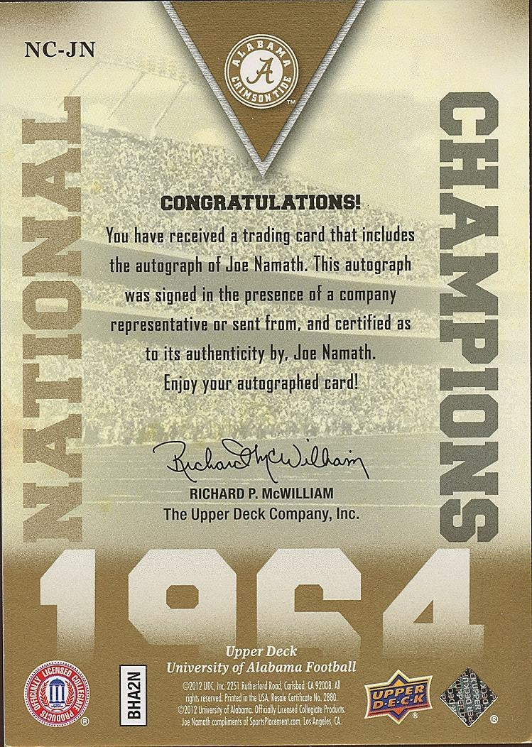 Joe Namath 2012 Upper Deck GOLD Auto Autograph Alabama Crimson Tide Jets 20/25