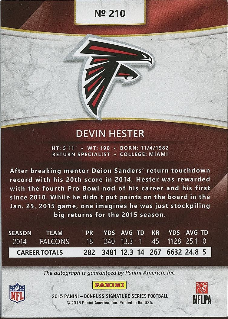 Devin Hester 2015 Donruss Signatures Auto Autograph Atlanta Falcons Bears