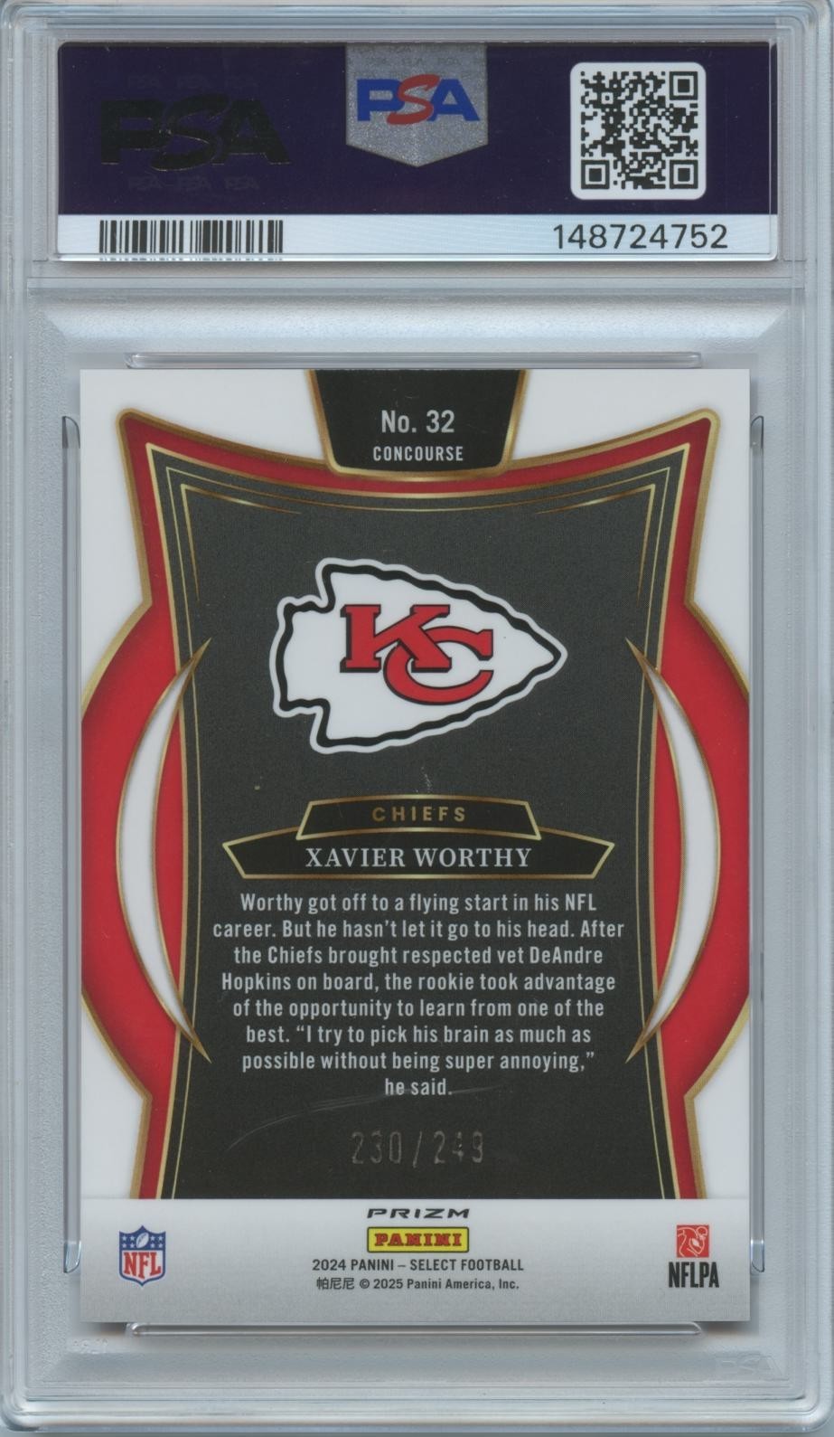 Xavier Worthy 2024 Select Red Shock Prizm Rookie RC KC Chiefs 230/249 PSA 10