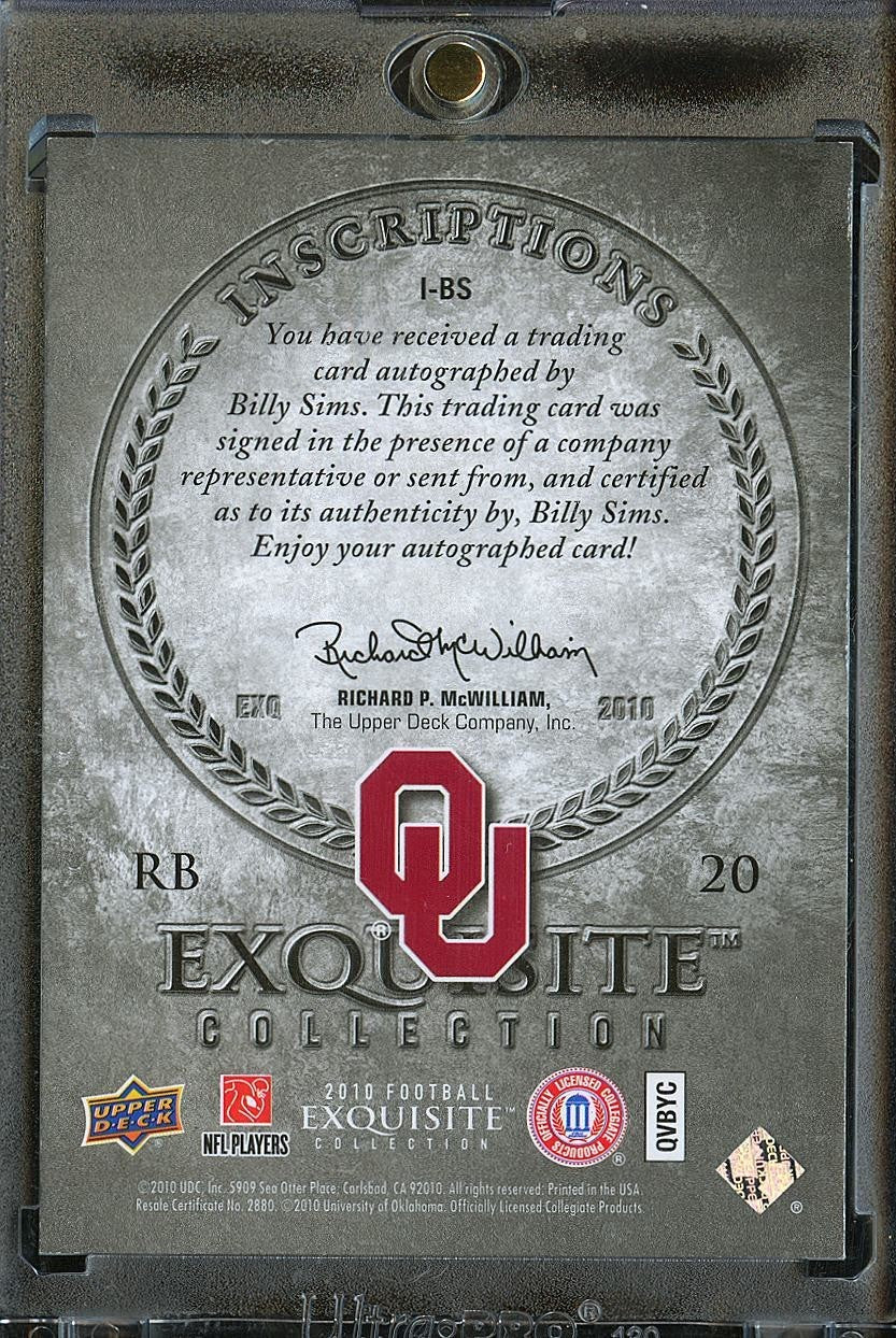 Billy Sims 2010 Upper Deck Exquisite Auto Autograph Oklahoma Sooners 13/25