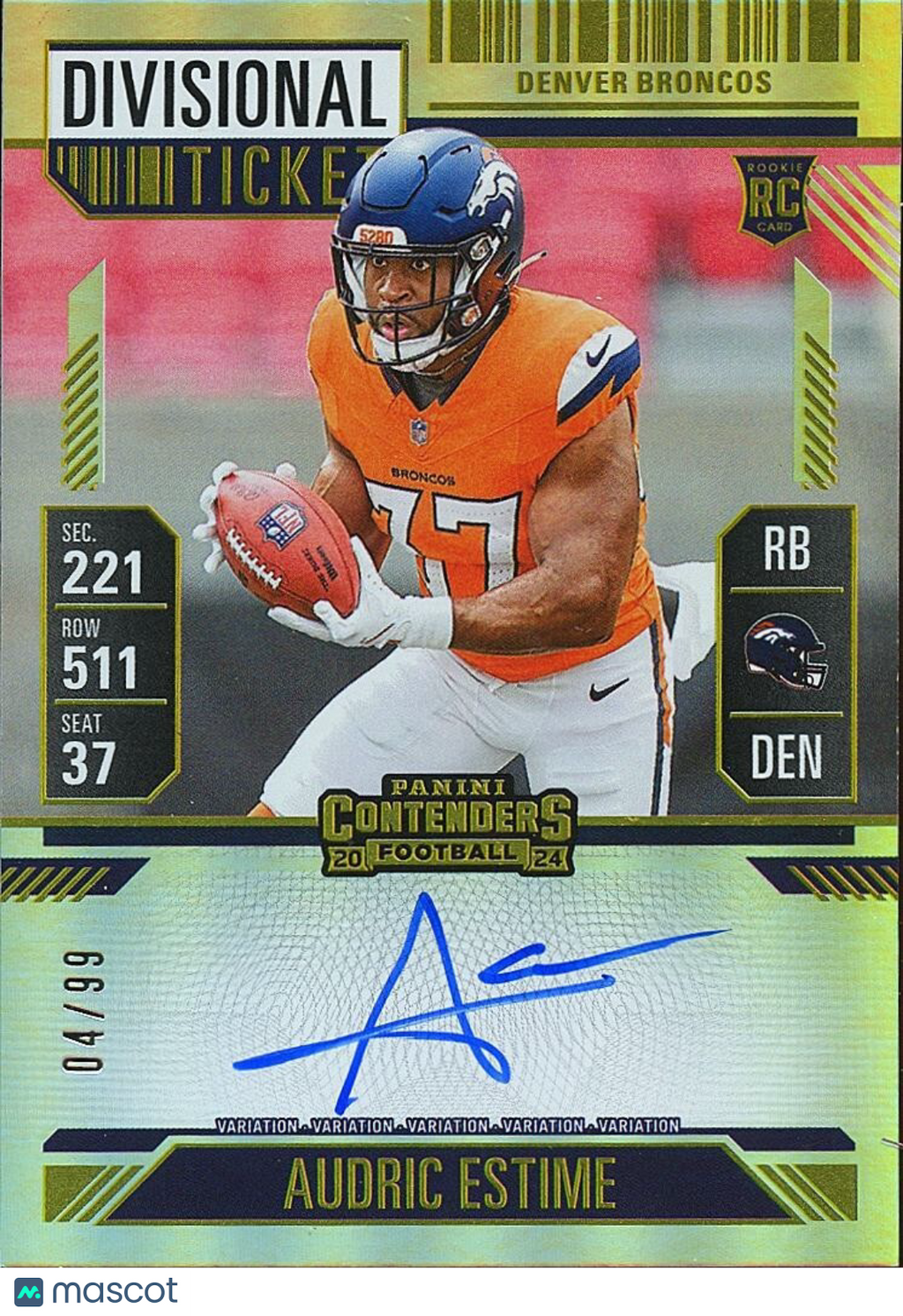 Audric Estime 2024 Contenders On Card Auto Autograph RC Denver Broncos 4/99