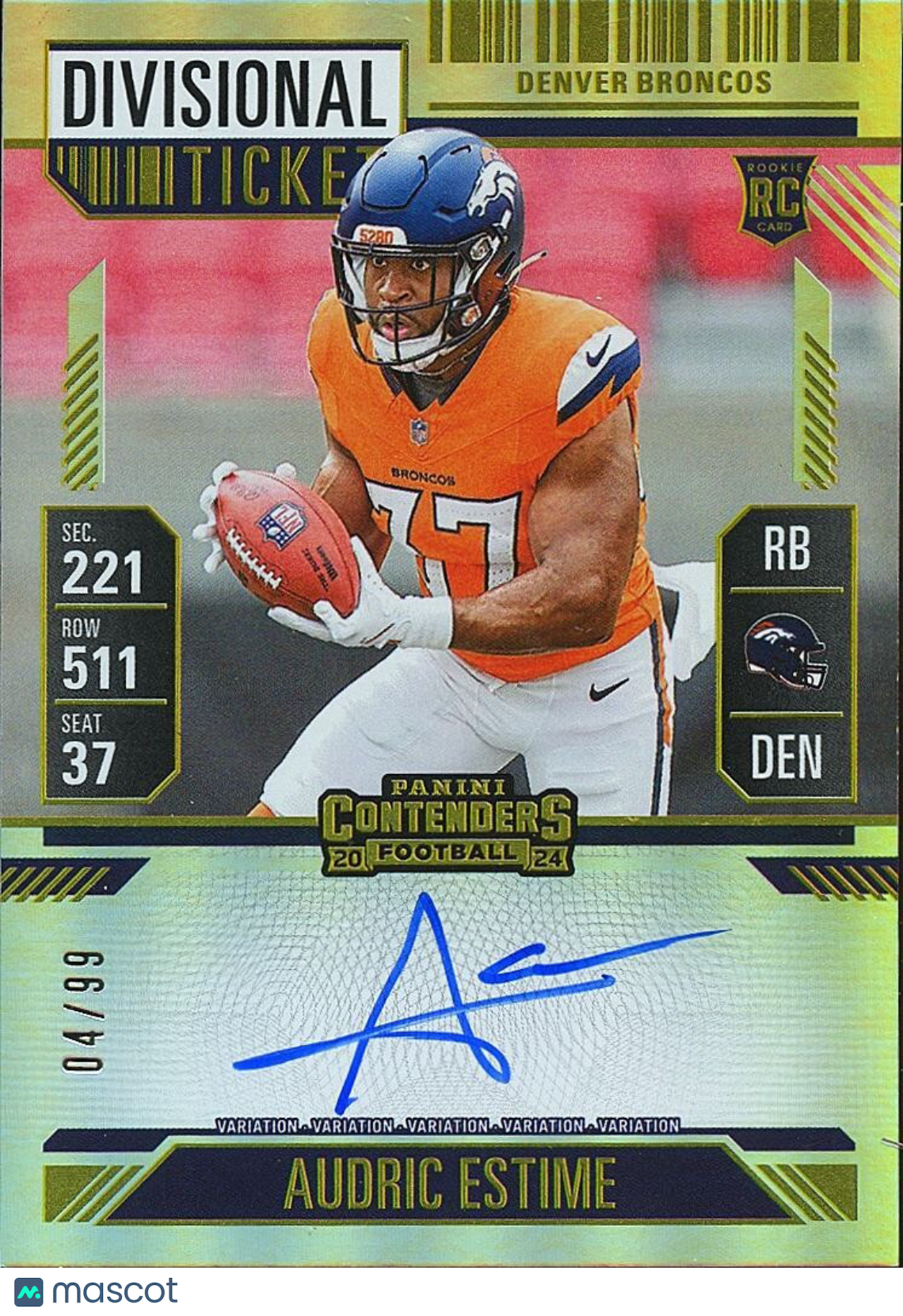 Audric Estime 2024 Contenders On Card Auto Autograph RC Denver Broncos 4/99