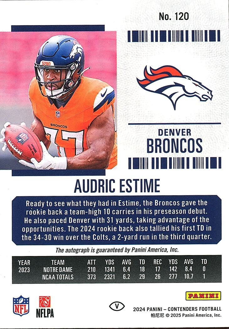 Audric Estime 2024 Contenders On Card Auto Autograph RC Denver Broncos 4/99