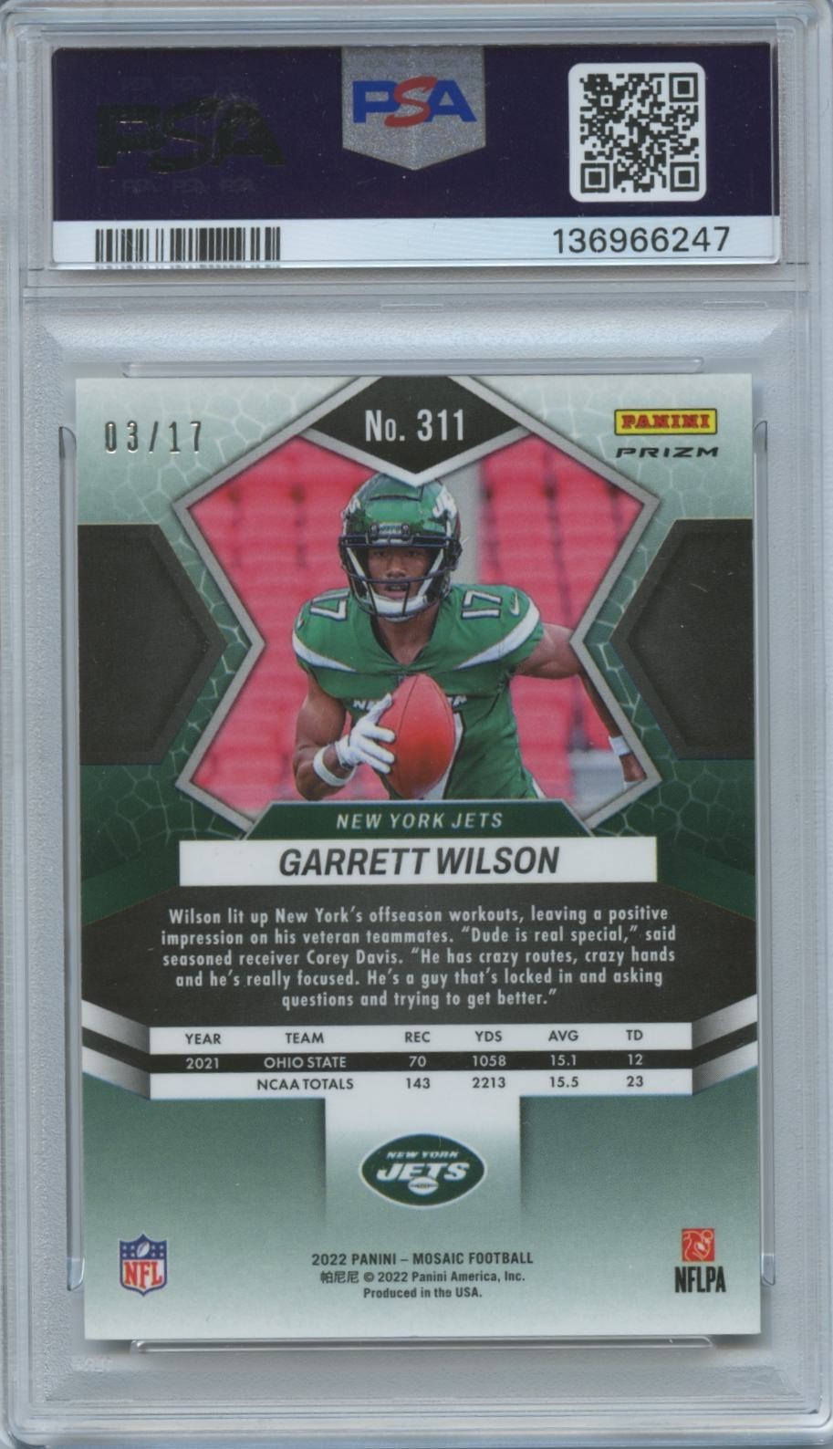 Garrett Wilson 2022 Mosaic GOLD Wave Prizm Rookie RC New York Jets 3/17 PSA 10