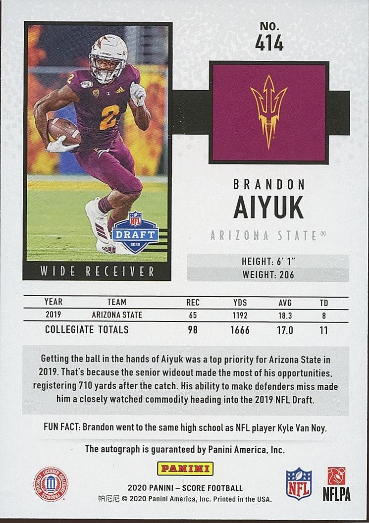 Brandon Aiyuk 2020 Score Auto Autograph RC Rookie Arizona State 49ers #414