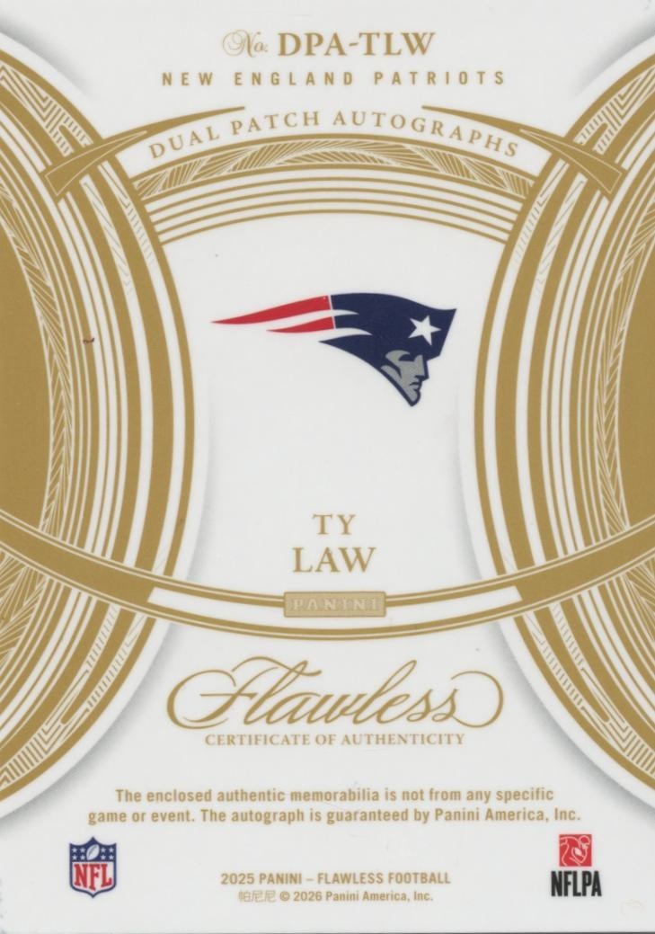 Ty Law 2025 Flawless Auto Autograph Patch New England Patriots 5/25
