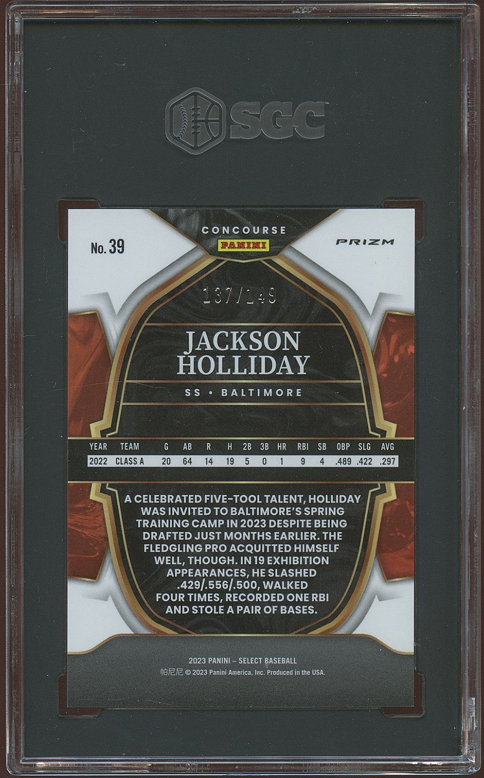 Jackson Holliday 2023 Select White Prizm RC Baltimore Orioles 137/149 SGC 10