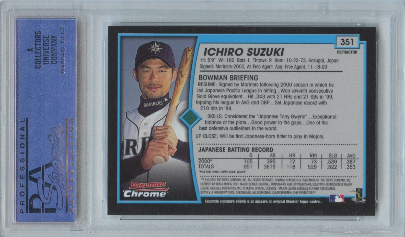 Ichiro Suzuki 2001 Bowman Chrome REFRACTOR Rookie RC Mariners #351 PSA 9