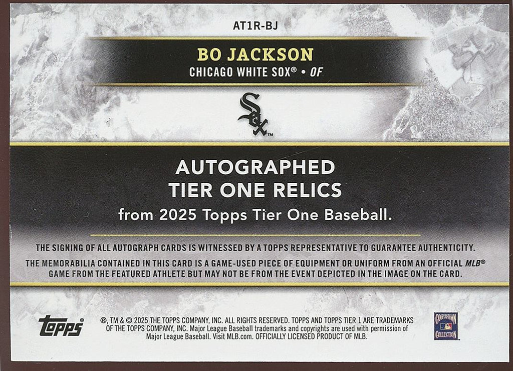 Bo Jackson 2025 Tier One Auto Autograph Game Worn Patch Chicago White Sox 18/25