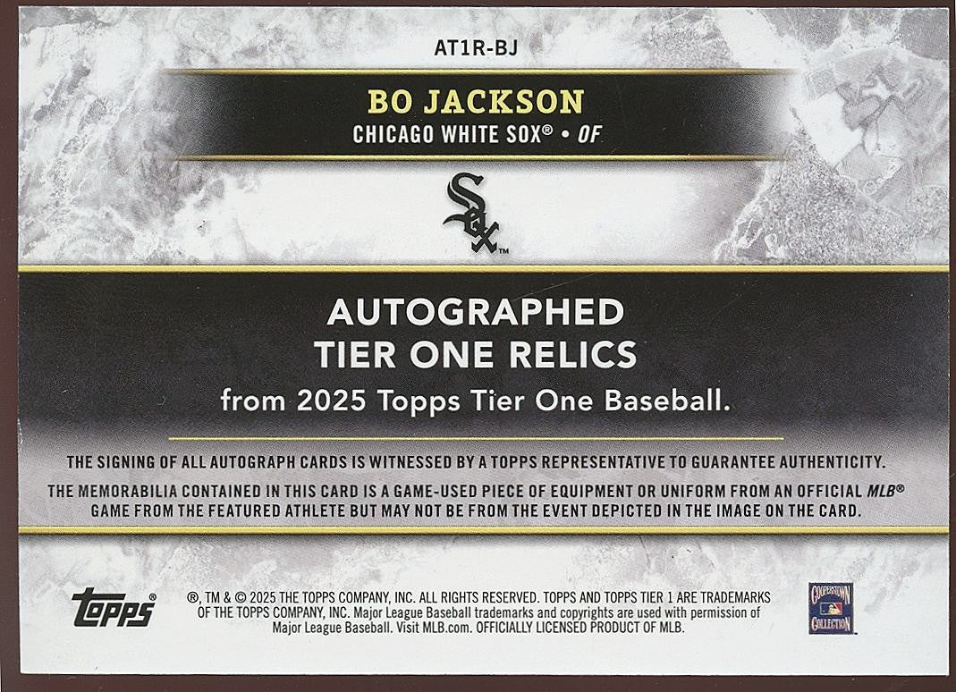 Bo Jackson 2025 Tier One Auto Autograph Game Worn Patch Chicago White Sox 18/25