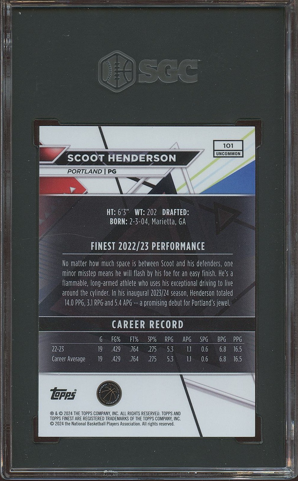 Scoot Henderson 2023-24 Topps Finest GOLD Refractor SSP RC Blazers 11/20 SGC 8