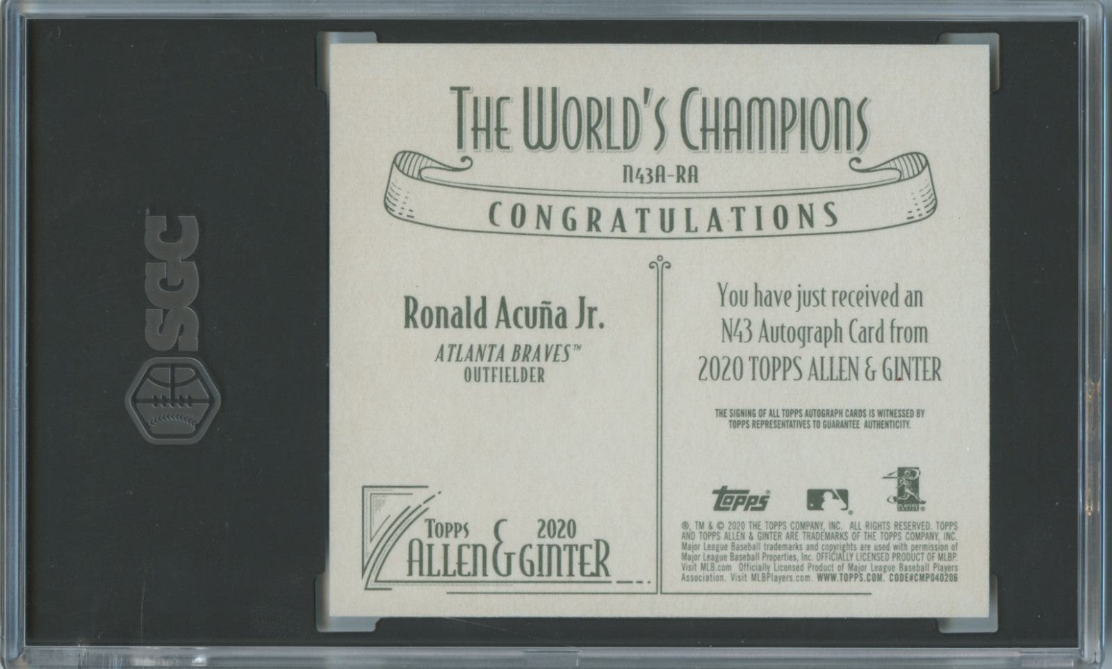 Ronald Acuna Jr. 2020 Allen & Ginter Box Topper Autograph Braves 4/15 SGC 9.5