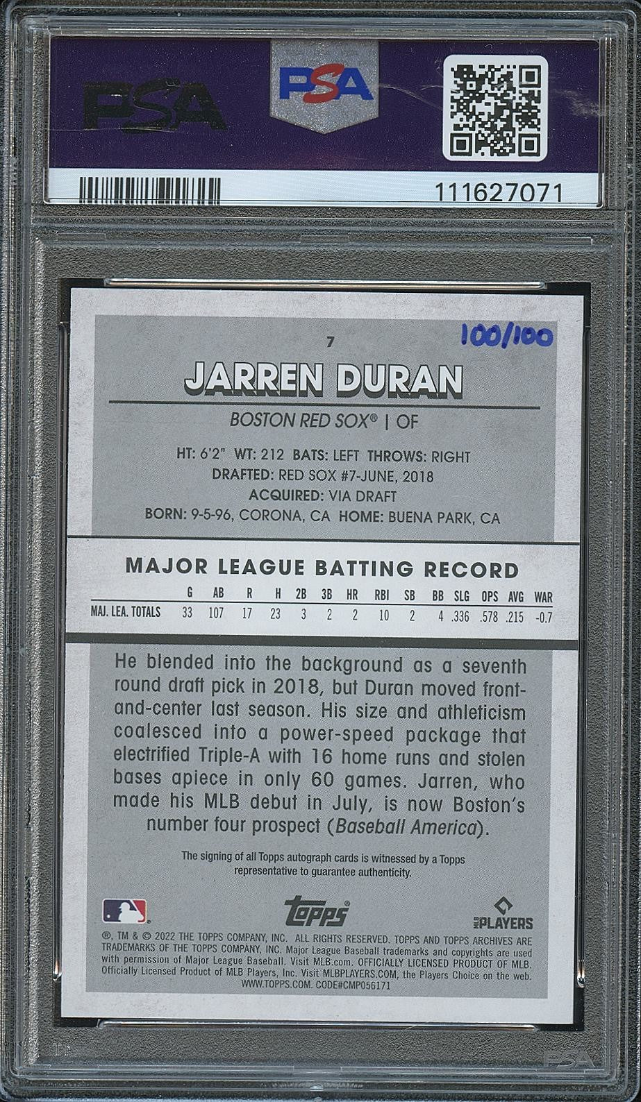 Jarren Duran 2022 Archives Negative Auto Autograph RC Boston Red Sox PSA 10