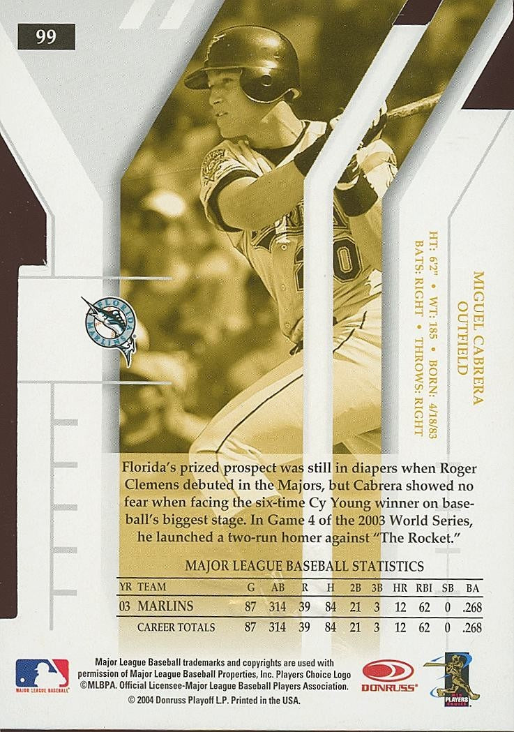 Miguel Cabrera 2004 Donruss Elite World Series GOLD Status SSP Florida Marlins