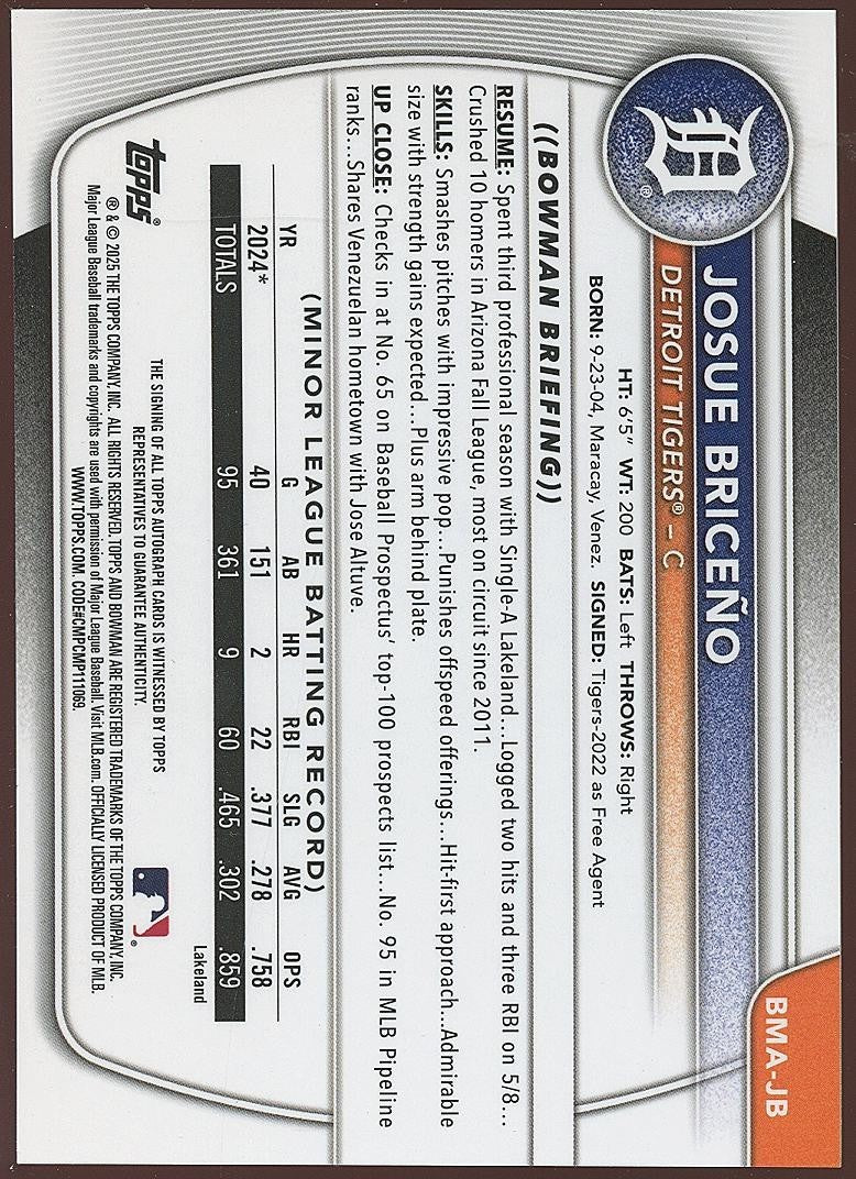 Josue Briceno 2025 Bowman Chrome 1st Gold Megabox Auto Autograph RC Tigers 20/50