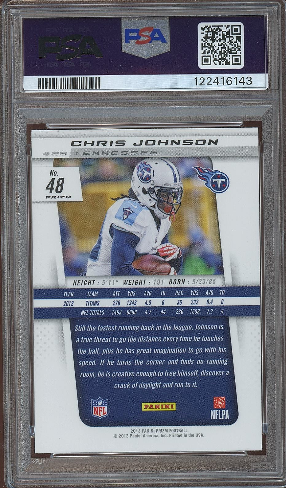 Chris Johnson 2013 Prizm Light Blue Pulsar Prizm SSP Tennessee Titans PSA 9