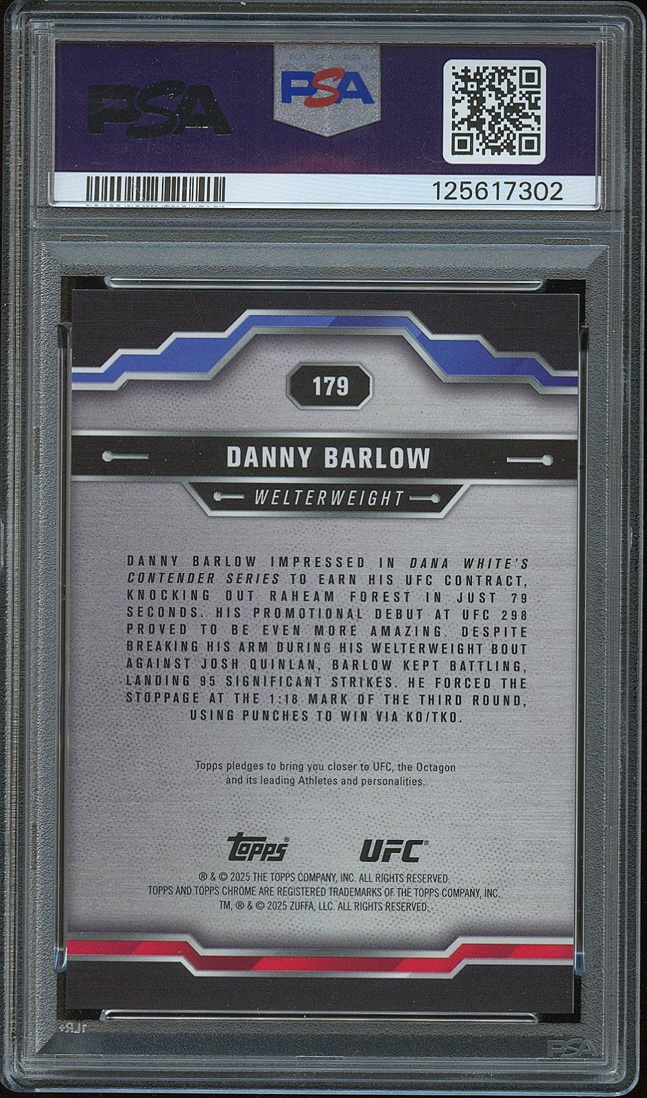 Danny Barlow 2025 Topps Chrome Black Refractor Rookie RC UFC MMA 5/10 PSA 9