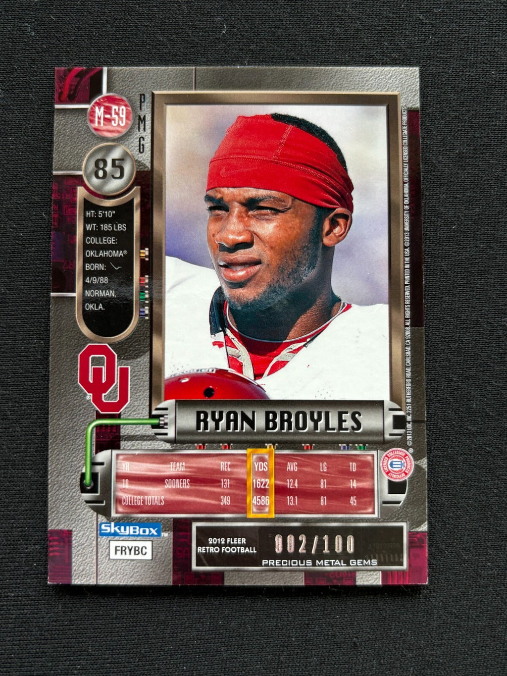 Ryan Broyles 2012 Fleer Metal Red Precious Metal Gems PMG Oklahoma Sooners 2/100
