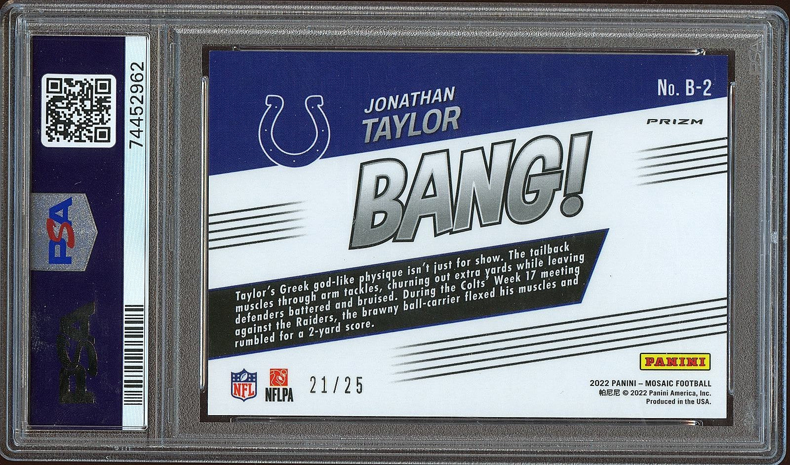 Jonathan Taylor 2022 Mosaic BANG! Orange Fluorescent SSP Colts 21/25 PSA 10