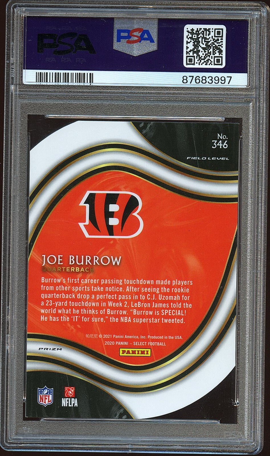 Joe Burrow 2020 Select Field Level Neon Green Prizm Rookie RC Bengals PSA 8