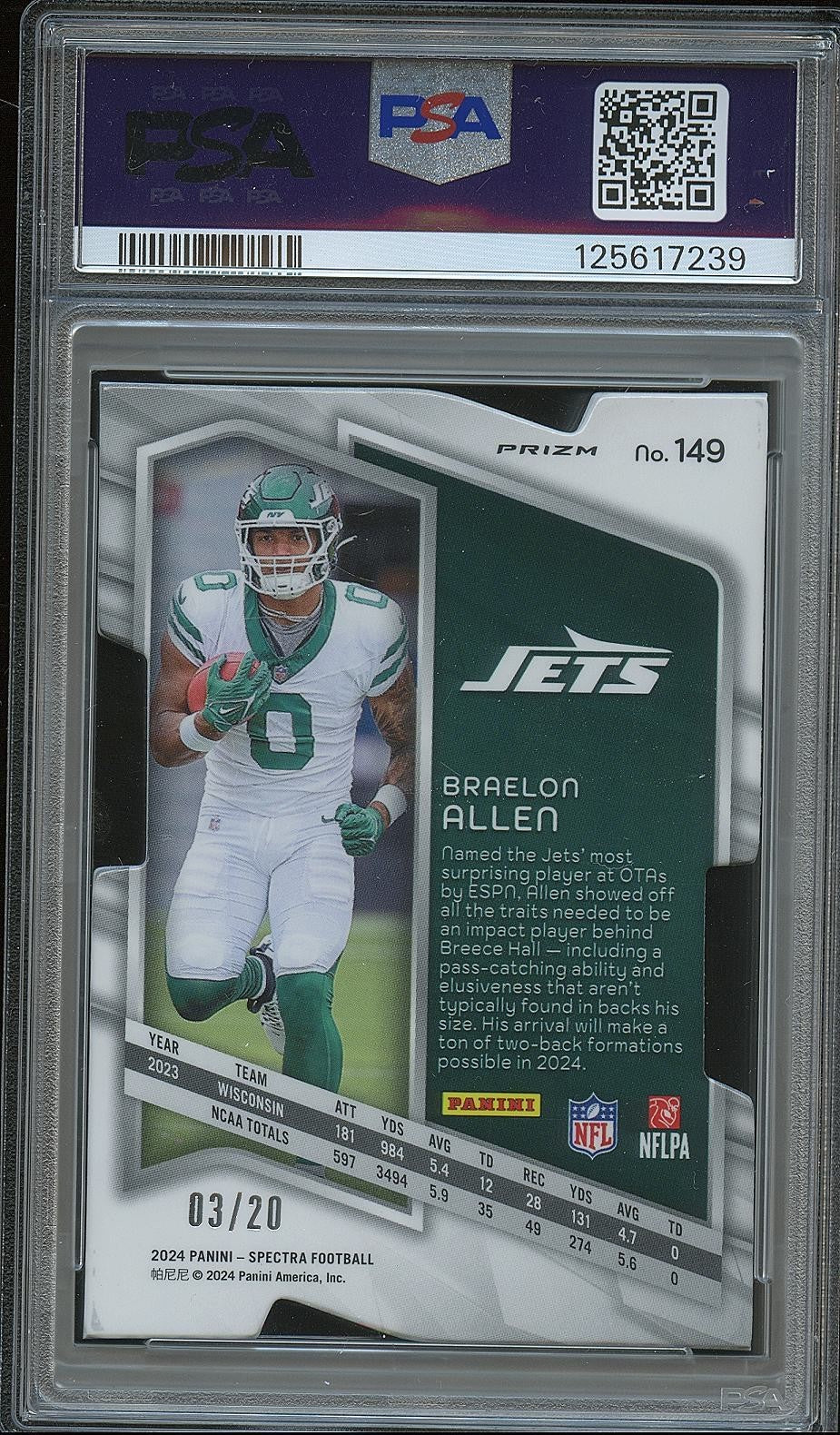 Braelon Allen 2024 Spectra Neon Pink Prizm Rookie RC New York Jets PSA 3/20 10