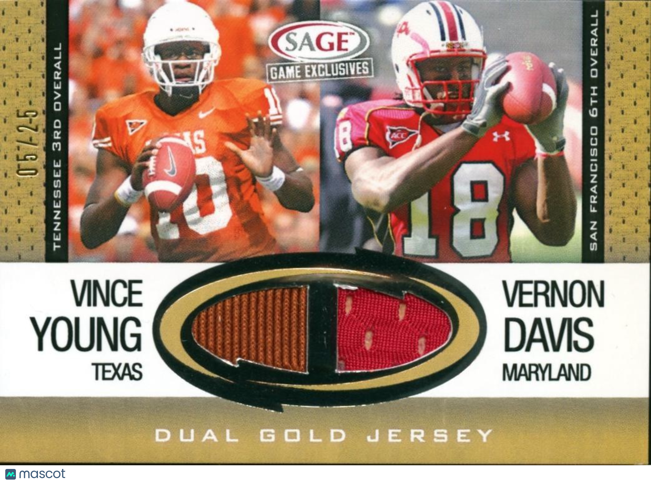 Vince Young / Vernon Davis 2006 SAGE GOLD Jersey Patch RC Texas Longhorns 5/25