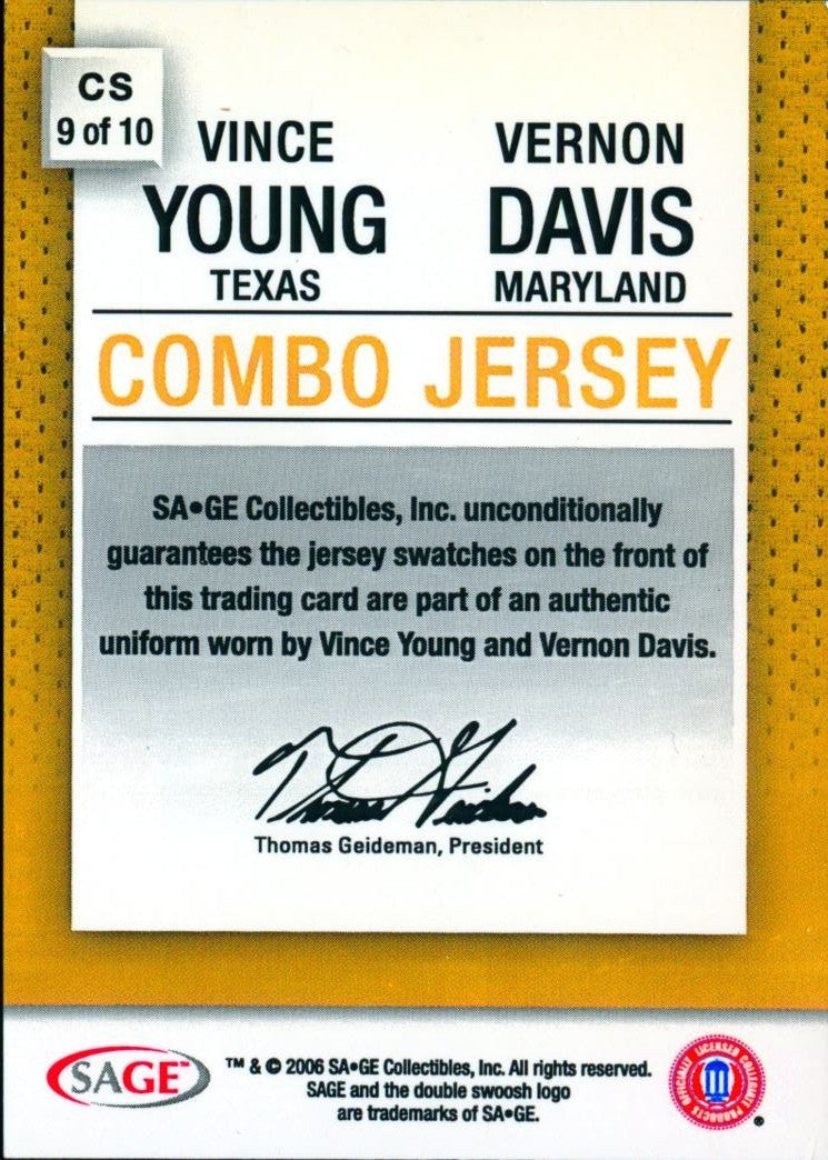 Vince Young / Vernon Davis 2006 SAGE GOLD Jersey Patch RC Texas Longhorns 5/25