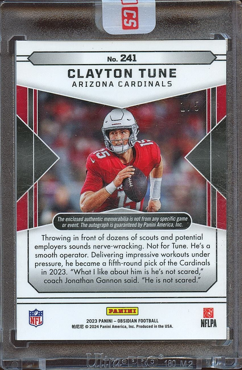 Clayton Tune 2023 Obsidian Auto Autograph Patch RC SSP Arizona Cardinals 1/5