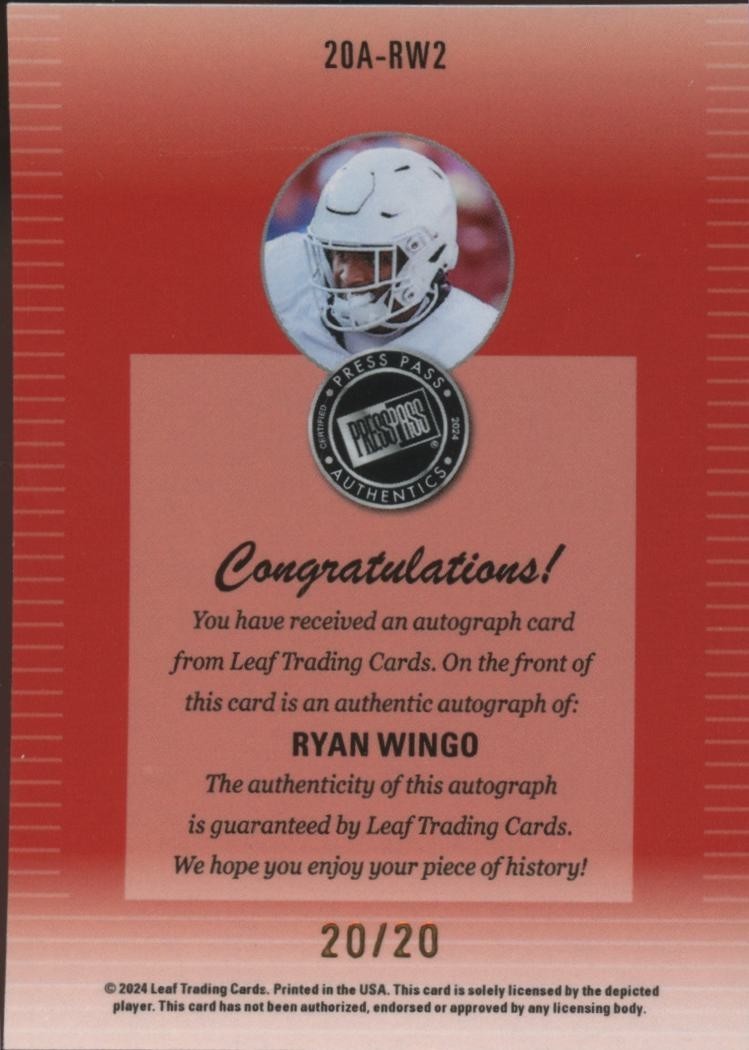Ryan Wingo 2024 Press Pass Auto Autograph Rookie RC Texas Longhorns 20/20