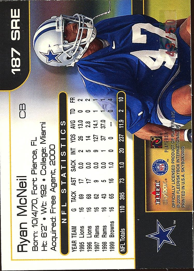 Ryan Mcneil 2000 Skybox Premium Star Rubies Dallas Cowboys 49/50 #187