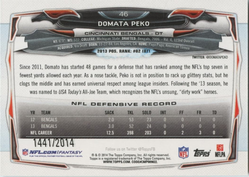 Domata Peko 2014 Topps GOLD Rookie RC Cincinnati Bengals 1441/2014 #46