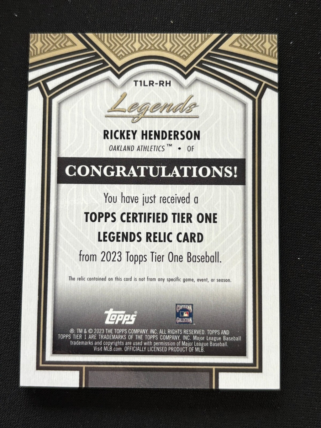 Rickey Henderson 2023 Tier One Game Worn Jersey Patch Athletics 115/200