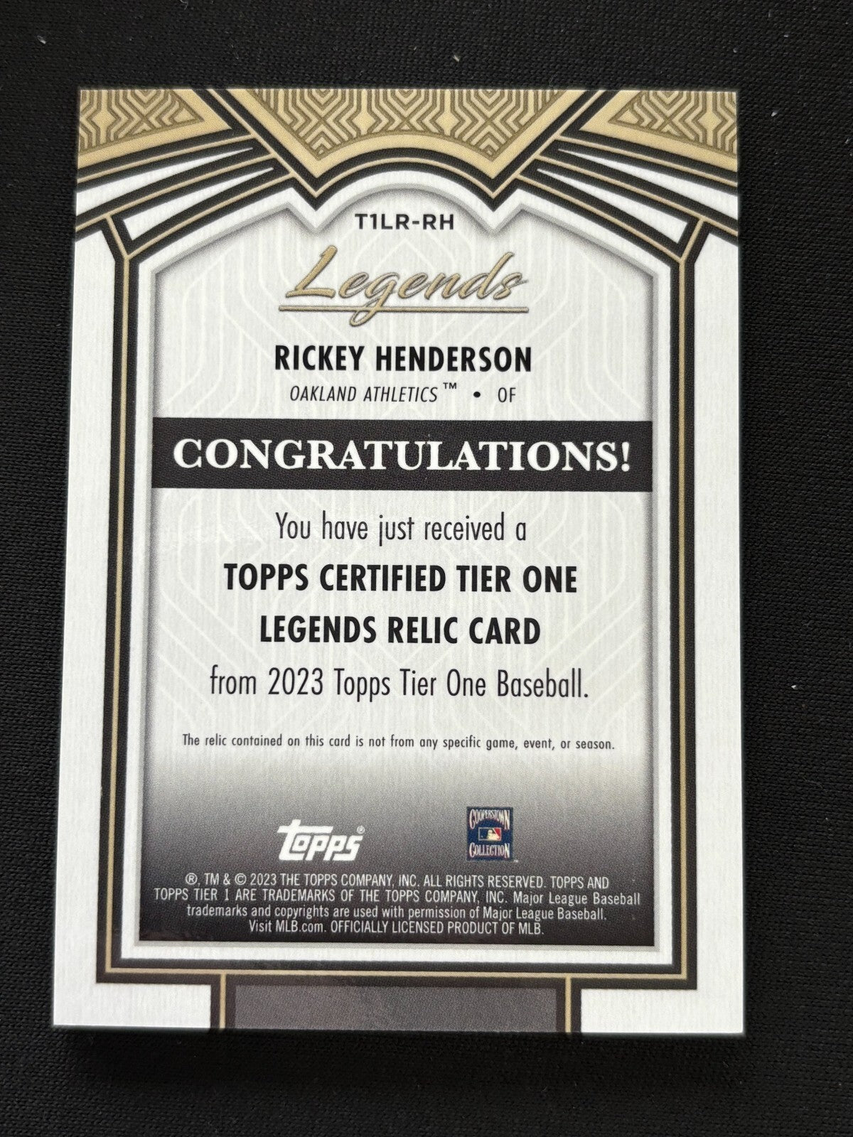 Rickey Henderson 2023 Tier One Game Worn Jersey Patch Athletics 115/200