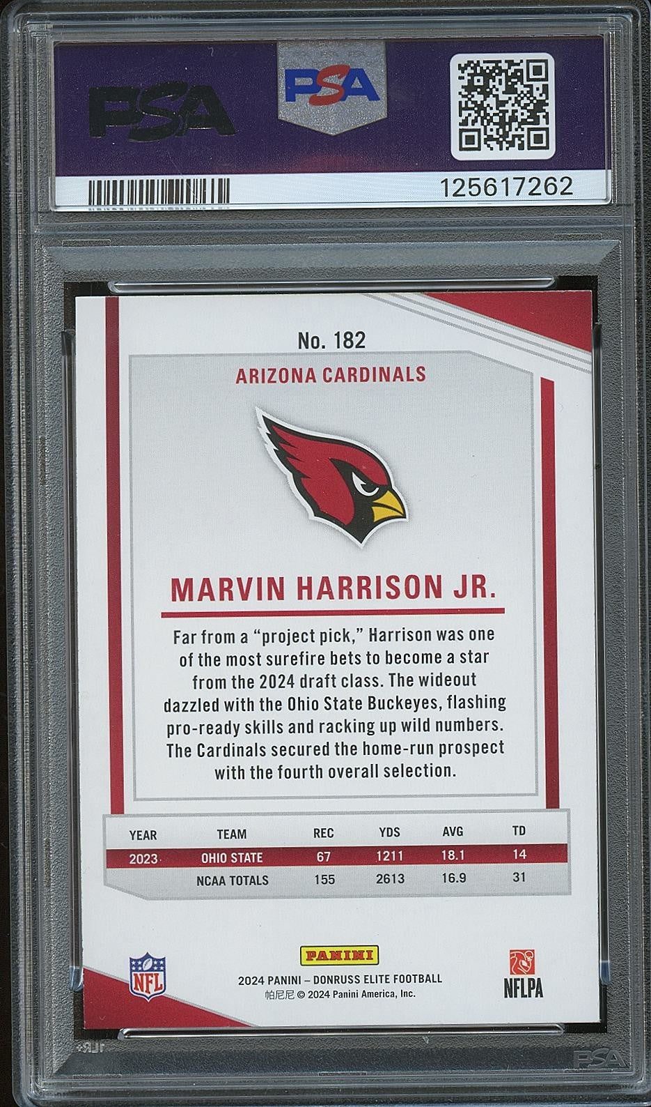 Marvin Harrison Jr. 2024 Elite Razzle Dazzle SSP CASE HIT RC Cardinals PSA 9