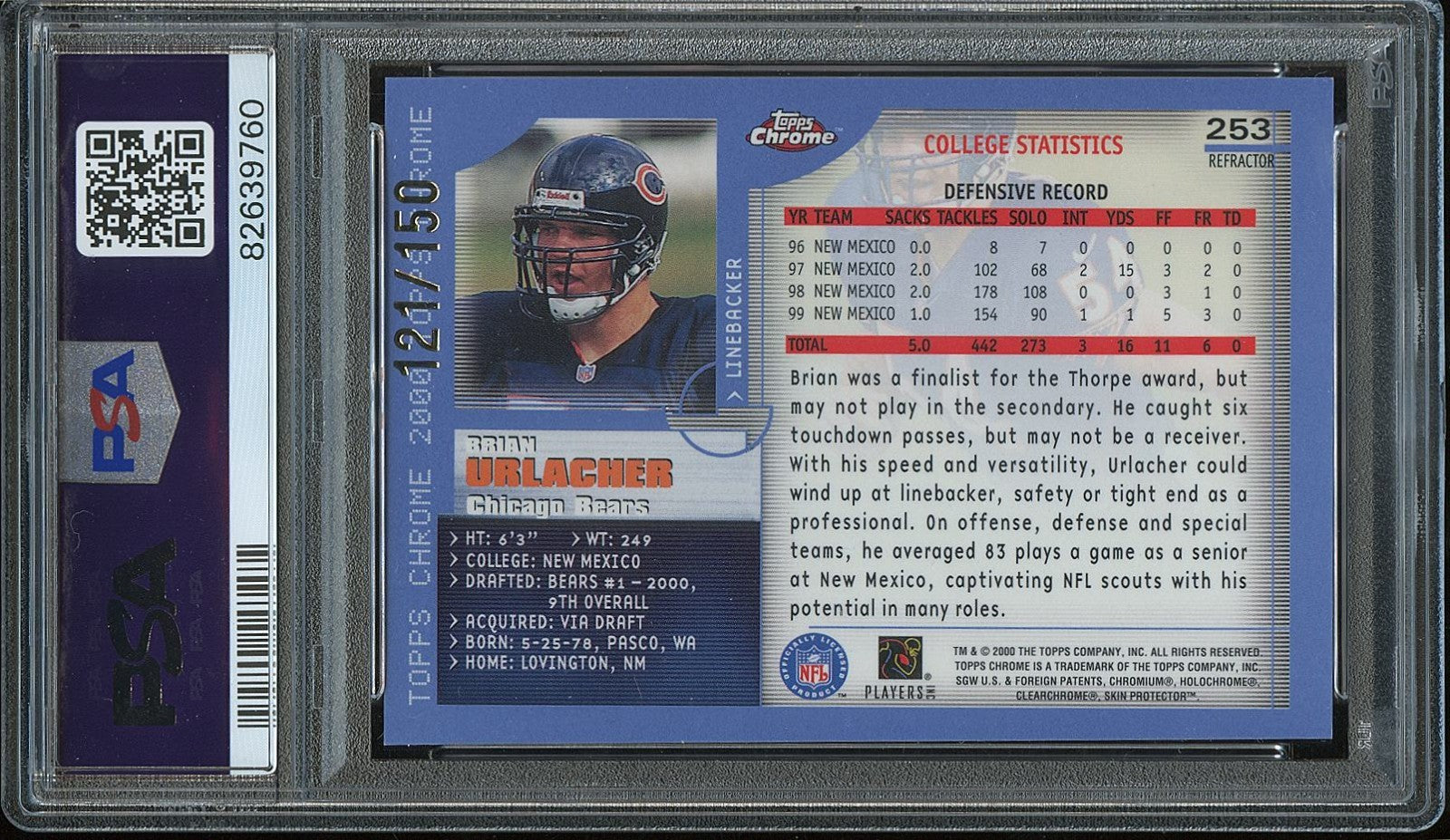 Brian Urlacher 2000 Topps Chrome Refractor Rookie RC Chicago Bears 121/150 PSA 8