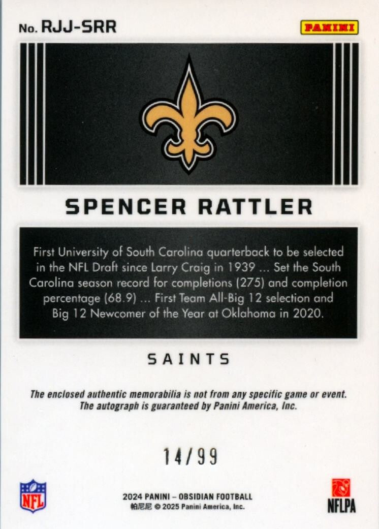 Spencer Rattler 2024 Obsidian WHITE Auto Autograph Patch RC Saints 14/99