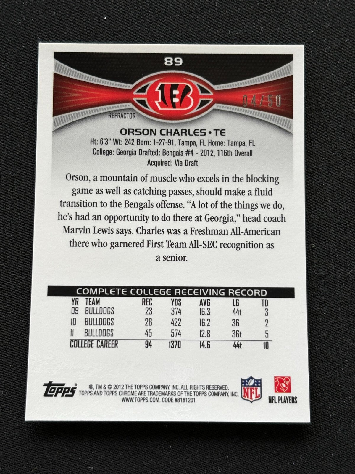 Orson Charles 2012 Topps Chrome GOLD Refractor Rookie RC Cincinnati Bengals 4/50